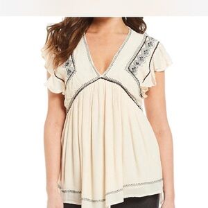 Free People Cream Embroidered falling water flutter tunic Blouse S/P